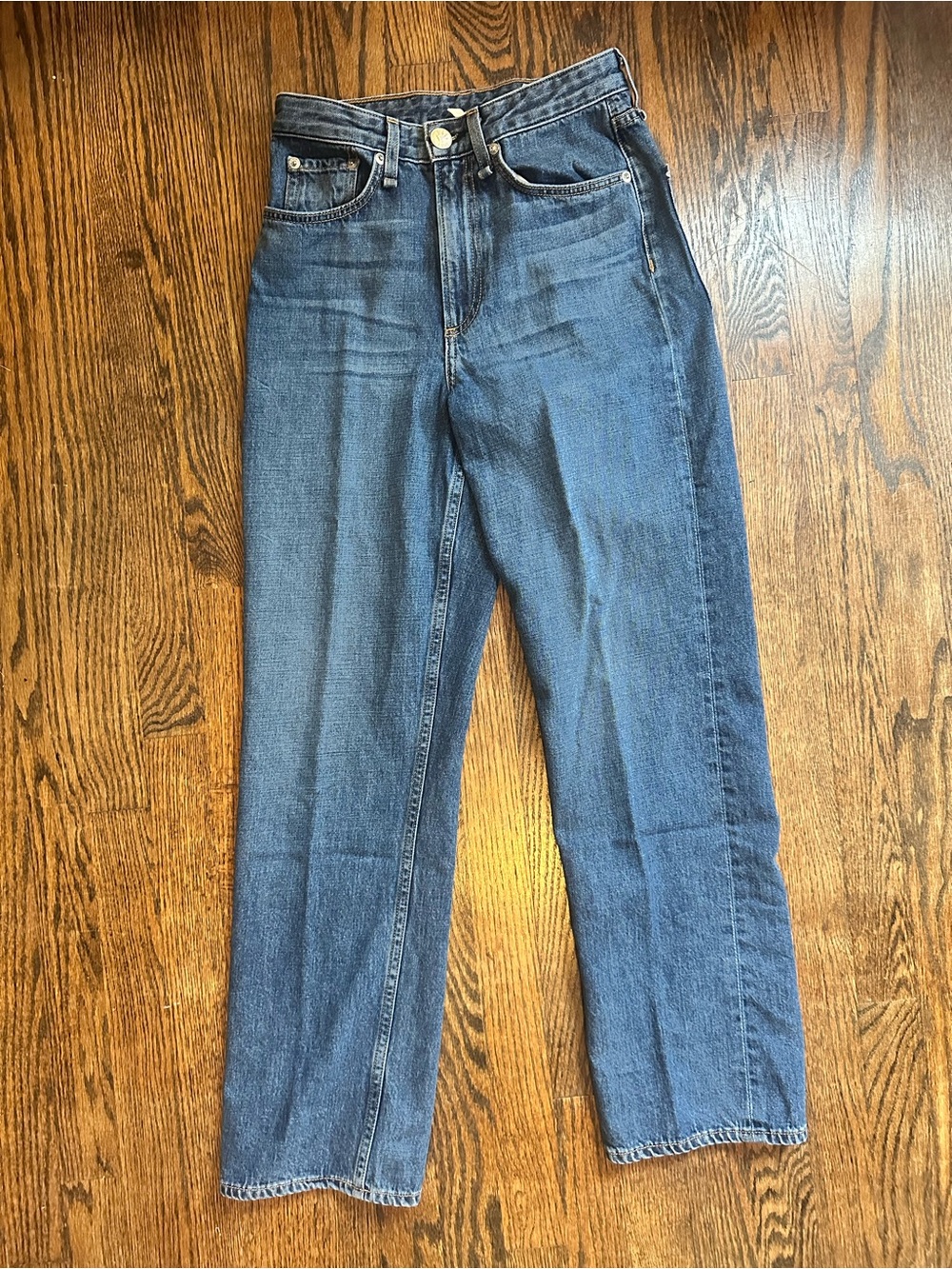 rag & bone Mid Blue Denim Jeans with Tan Topstitching